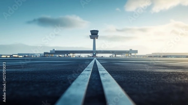 Fototapeta Airport runway view with control tower in the background at sunset