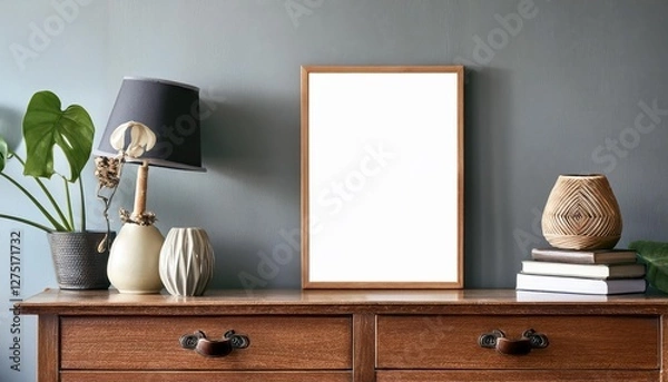 Fototapeta Vintage Chest of Drawers as a Striking Backdrop for a Mockup Poster Frame in an Inviting Interior Scene, Exuding a Warm and Cozy Atmosphere with a Hint of Antique Charm.