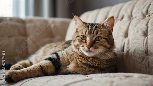 Fototapeta Cat lying on the bed and floor with close-up portrait of a cute tabby kitten sleeping peacefully