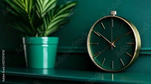 Obraz Green Clock Displaying Time Next to Potted Plant on Dark Green Surface