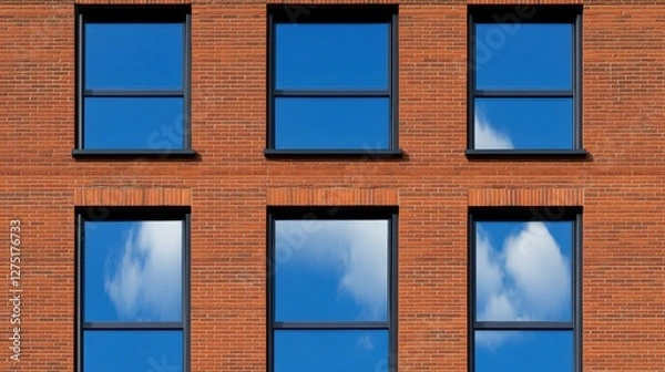 Fototapeta Modern brick building facade featuring large windows reflecting a clear blue sky