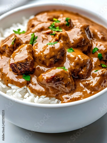 Fototapeta Beef stew with rice, close-up, food photography, recipe