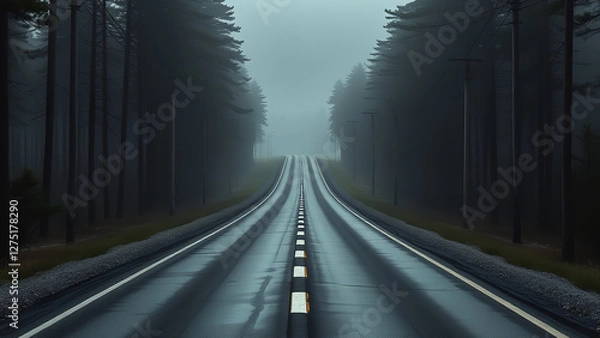 Fototapeta Ethereal Forest Thoroughfare: A Mesmerizing Showcase of a Fog-Shrouded Road Meandering Through a Verdant Woodland