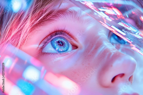 Obraz Child's eyes, futuristic tech, vibrant lights, exploring