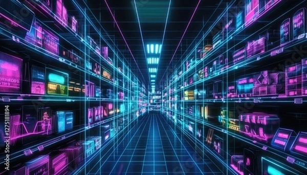 Fototapeta Futuristic digital grocery aisle with glowing shelves