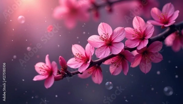 Fototapeta Pink petals gently falling from a dark purple tree branch, branches, floral motifs