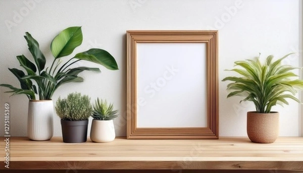Fototapeta Artistic Mockup Showcasing a Wooden Frame on a Rustic Table Amidst Greenery, Perfect for Displaying Your Masterpiece in a Natureinspired Setting