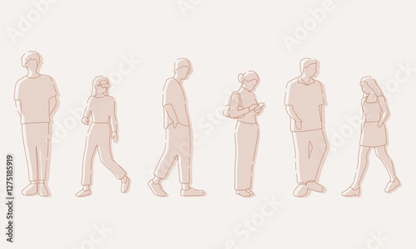 Fototapeta flat minimal people male and female vector illustration in spring summer clothing concept isolated set collection. Outline with silhouette shadow. For architecture, design, info graphic, media
