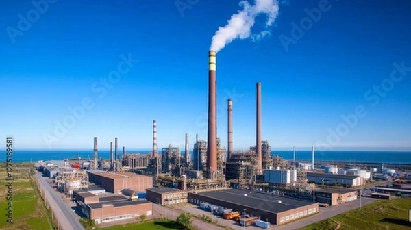 Fototapeta Aerial view of a large industrial complex with smokestacks and clear blue sky near the coast