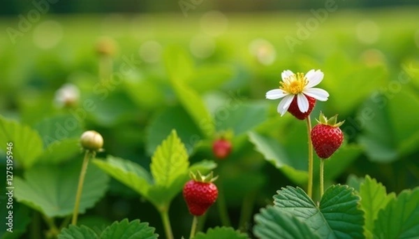 Fototapeta Wild strawberry plants with red berries and white flowers growing in a field, plants, yellow