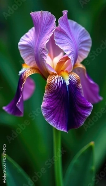 Fototapeta Wilting iris bloom on a green leaf surface with tiny water droplets, water droplets, macro