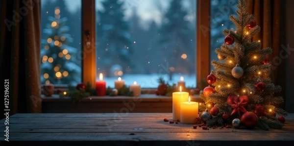 Fototapeta Winter evening scene with candles and Christmas tree on wooden table, serene, warm glow