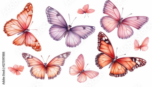 Fototapeta Colorful butterflies flying, white background, nature illustration, design element