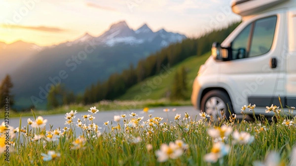 Fototapeta Camper van parked in scenic mountain meadow with wildflowers at sunset