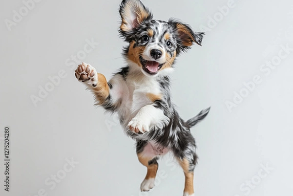 Fototapeta Spectacular Australian Shepherd Portrait in Mid-Jump Showcasing Perfect Form and Athletic Ability with Professional Studio Photography Capturing Dynamic Movement and Beautiful Coat Pattern