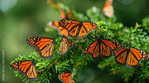Fototapeta A group of monarch butterflies resting on a tree branch during their migration journey
