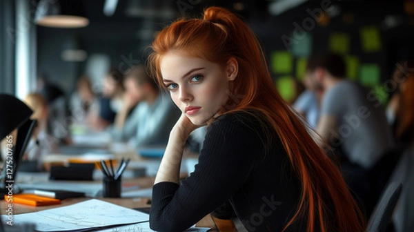 Obraz Focused redhead businesswoman engaging in creative work at a stylish corporate or design office, with a collaborative team of professionals working together in the background