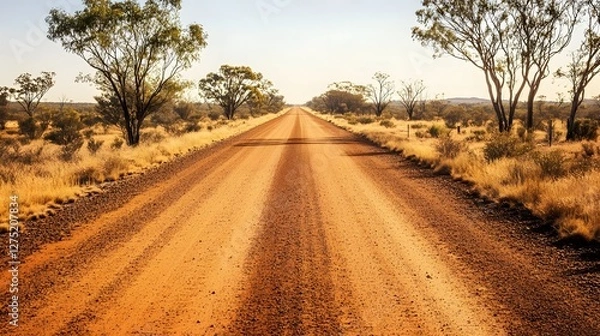 Fototapeta Endless Outback Road   Tranquil Dusty Trail Through Desolate Australian Landscape