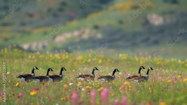 Fototapeta A group of wild geese foraging in a grassy field, with vibrant wildflowers dotting the landscape