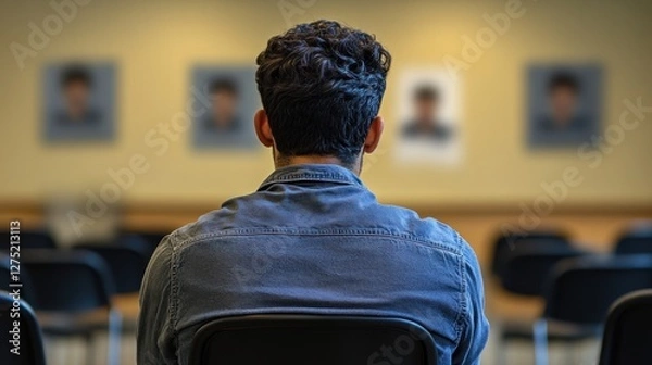 Fototapeta A Man Sitting in a Lecture Hall, Back View