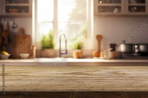 Fototapeta Wooden table top with copy space on blurred kitchen room interior background