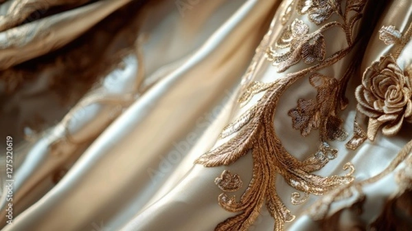 Fototapeta Elegant Satin Fabric with Intricate Gold Embroidery and Texture