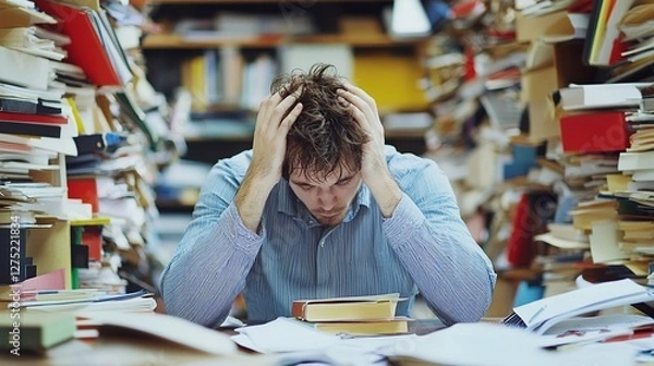 Obraz Overwhelmed Student  Stressed Man  Desk Chaos  Paperwork Overload