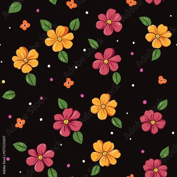 Obraz Vibrant Floral Pattern  Orange   Pink Flowers on Black Background
