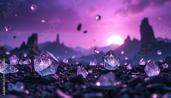 Obraz Alien world with floating crystals and a glowing purple sky.