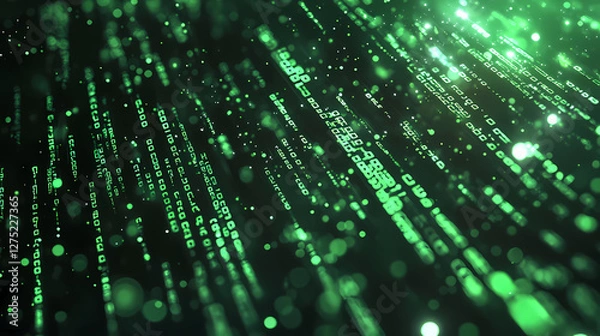 Fototapeta Matrix-like Data Stream in Green and Black Background