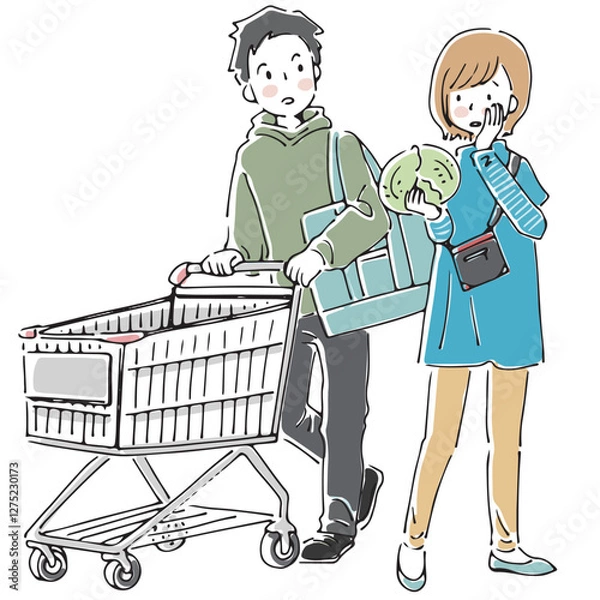 Obraz ショッピングカートで日用品を選ぶ夫婦