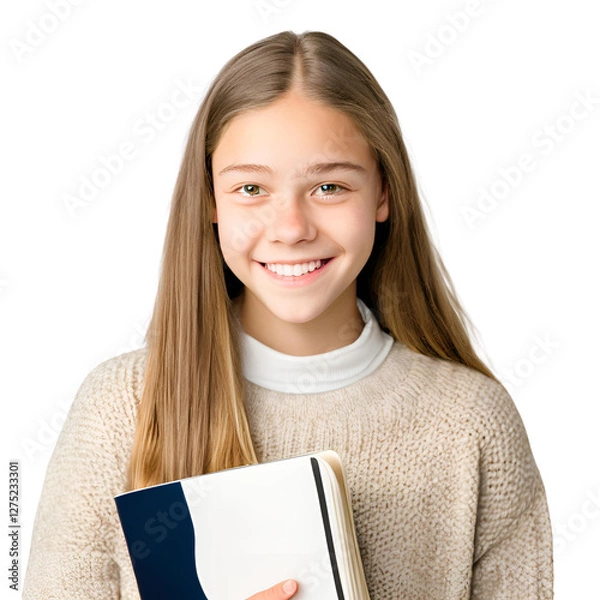 Fototapeta Smart Middle School Girl with Notebook in Studio