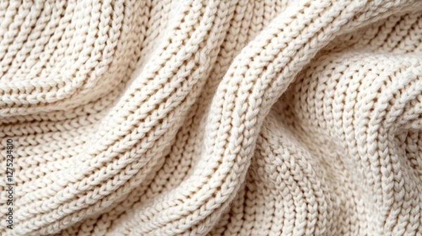 Fototapeta A close-up view of a soft, textured cream-colored knitted fabric, showcasing intricate patterns and gentle folds.