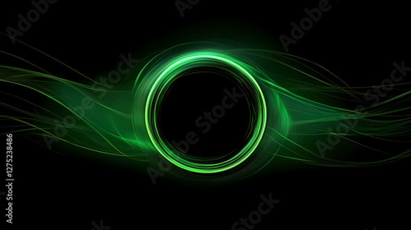 Fototapeta Black Background with Green Glowing Ring and Wave Trails
