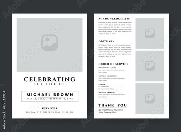 Obraz Funeral  Template for Memorial Program. Minimalist Bifold Brochure Design Layout.