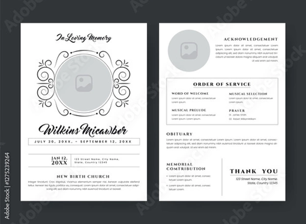 Obraz Funeral  Template for Memorial Program. Minimalist Bifold Brochure Design Layout.
