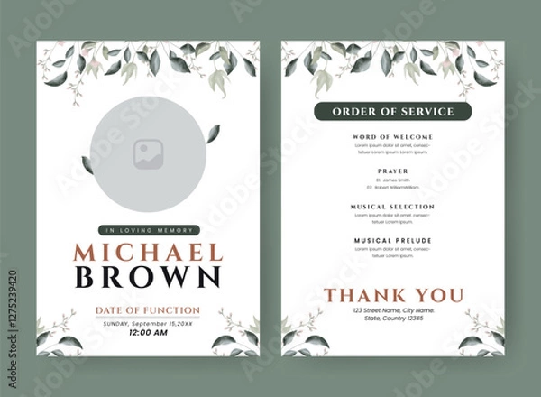 Obraz Funeral  Template for Memorial Program. Minimalist Bifold Brochure Design Layout.
