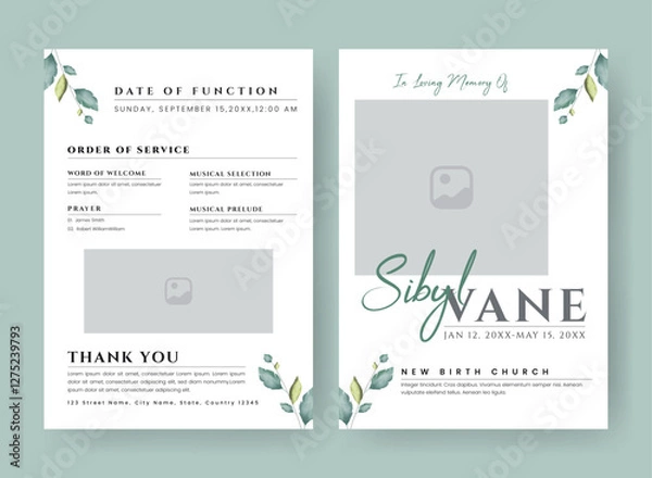 Obraz Funeral  Template for Memorial Program. Minimalist Bifold Brochure Design Layout.