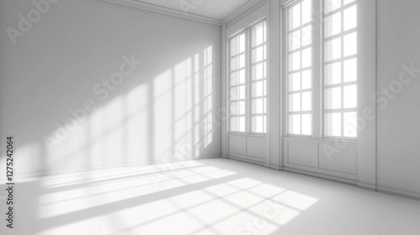 Fototapeta White room with a window and light shadow on the floor