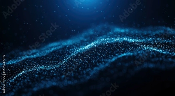 Fototapeta Digital landscape, abstract wave pattern, blue glowing particles, futuristic grid, dark background, technological horizon, data visualization, neon blue light, dynamic network, sci-fi terrain, dots an