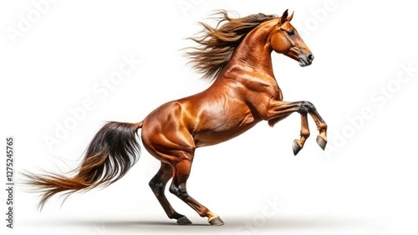 Fototapeta Soaring brown stallion, isolated on white, a dramatic equestrian portrait from a drone's perspective.