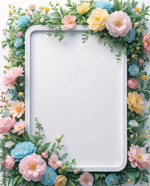 Fototapeta Light pastel flowers surrounding a white tray for fresh product photography with clean design and delicate framing for Copyspace and Text Background