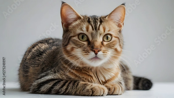 Obraz Cat's Captivating Gaze: A stunning domestic tabby cat with captivating eyes rests regally, its alert gaze drawing you in. Its striped coat complements its focused expression.