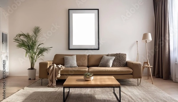 Fototapeta Minimalist Modern Home Interior Bold Empty Canvas and Cool Tones Amidst Sleek Architecture, Emanating Tranquility and Sophistication