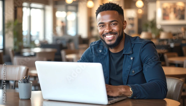 Fototapeta smiling african american man using laptop working at cafe