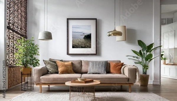 Fototapeta Modern Living Room with Picture Frame Minimalistic Elegance Fusing Geometric Patterns and Warm Tones for a Contemporary Abode, Perfect for Digital Art, Home Decor, or Design Inspiration