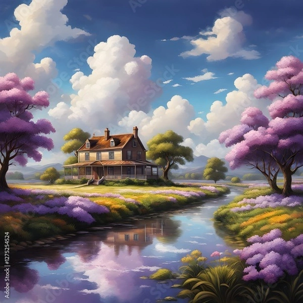Fototapeta serene countryside home with purple trees by the river
