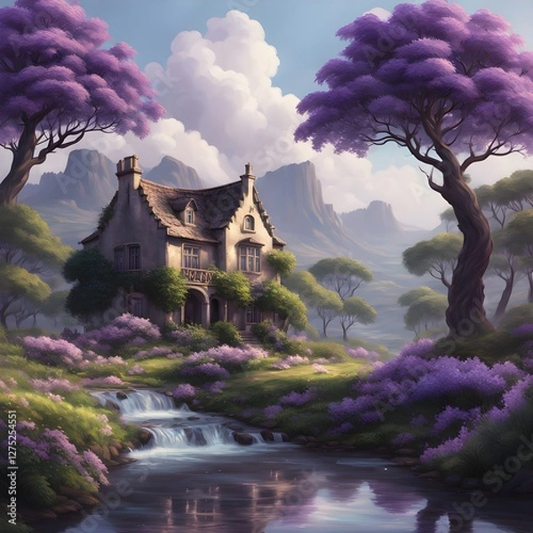 Fototapeta peaceful landscape with a charming house and unique trees