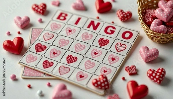 Obraz Bingo Card with Red Pink Hearts Polka Dots