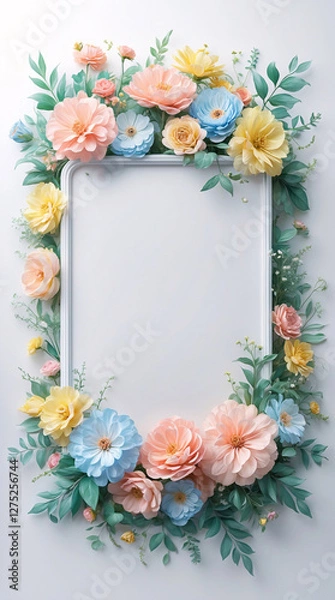 Fototapeta Delicate pastel flowers arranged around a white tray for creating a soft decorative display in modern photography for Copyspace and Text Background